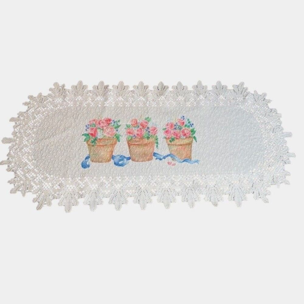 Floral Lace Table Runner Centerpiece Lace Flower Pots Cottagecore Country Charm